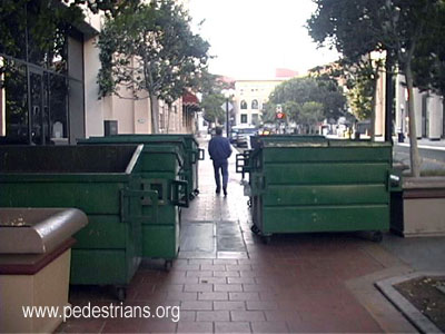 Dumpsters block sidewalk, San Diego
